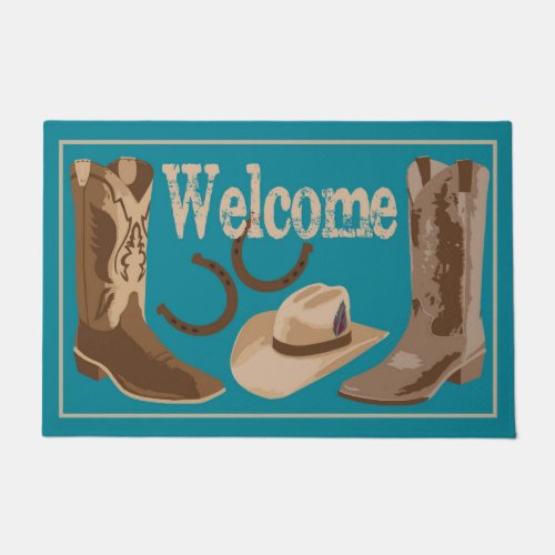 Welcome Turquoise Teal Blue Boots Hats Horseshoes Doormat
