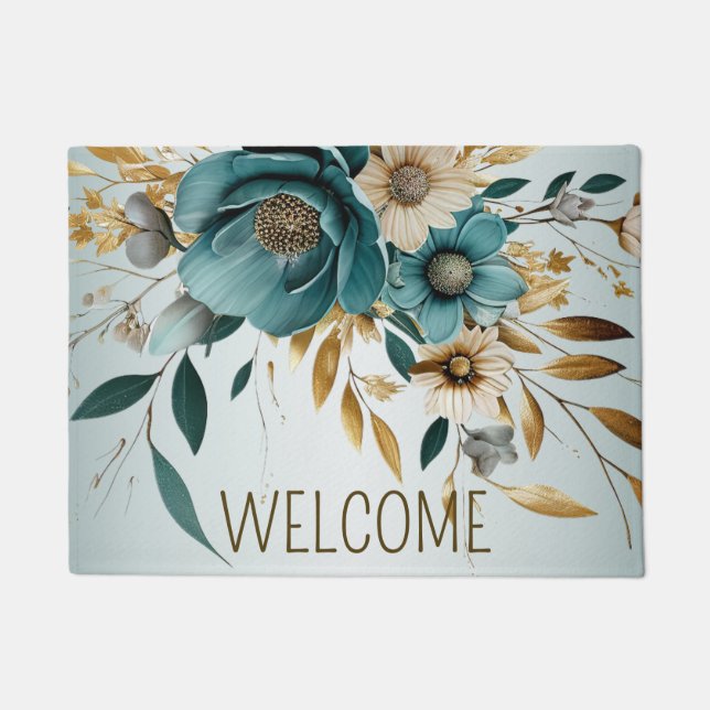 Welcome Turquoise White Flower Golden Leaves Doormat (Front)