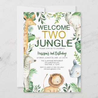 Welcome Two Jungle Safari Animals Birthday Invitation