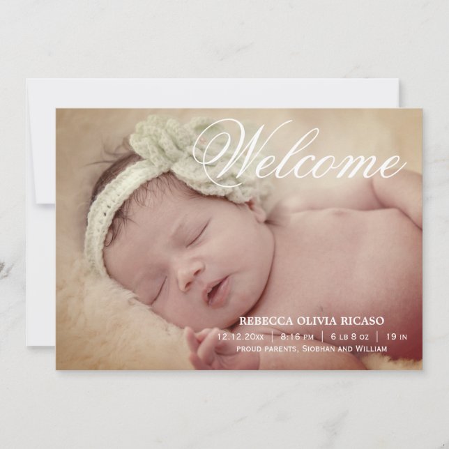 Welcome Typography Scroll New Baby Personalized Announcement (Front)