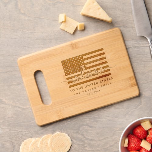 Welcome US Flag Personalized Family Name Cutting Board