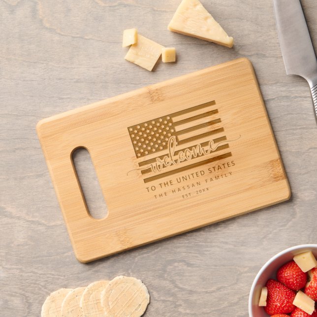 Welcome U.S. Flag Personalized Family Name Engraved Cutting Board (Cheese)