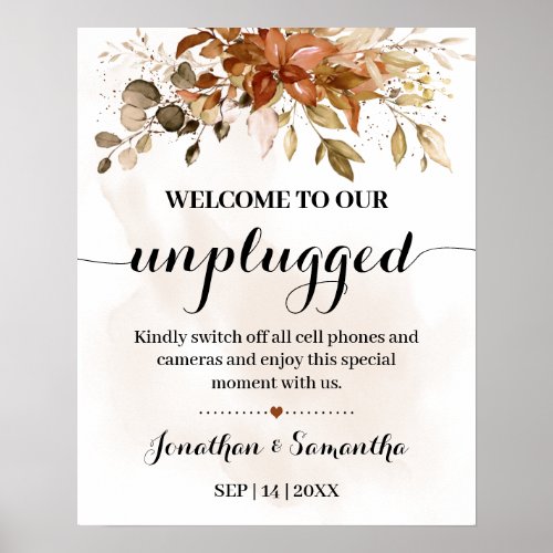 Welcome Unplugged Ceremony Fall Autumn Wedding Poster