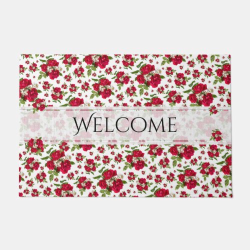 Welcome Valentines Red Rose Bouquet Photo Pattern Doormat