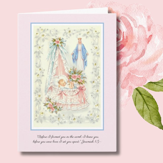 Welcome Vintage Baby Girl Virgin Mary Catholic Card (Creator Uploaded)