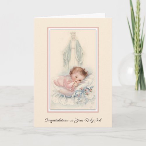 Welcome Vintage Baby Girl Virgin Mary Catholic Card