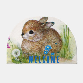 Welcome!Vintage,fluffy little bunny sitting in the Doormat