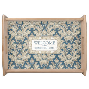 Welcome Vintage French Blue Elegant Wood Family Serving Tray