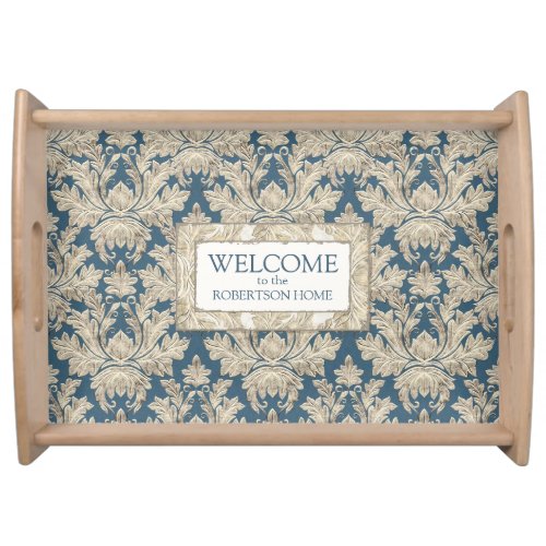 Welcome Vintage French Blue Elegant Wood Family Serving Tray