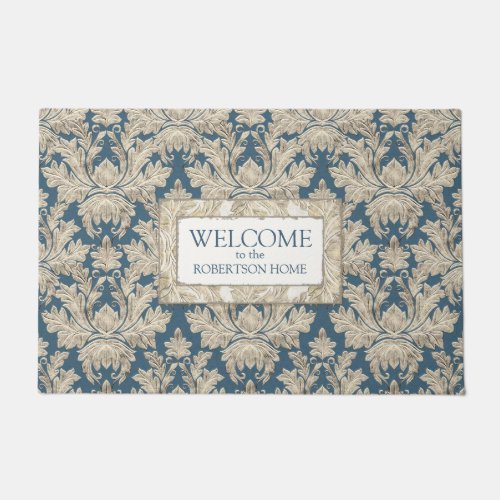 Welcome Vintage French Blue Elegant Wood Name Doormat