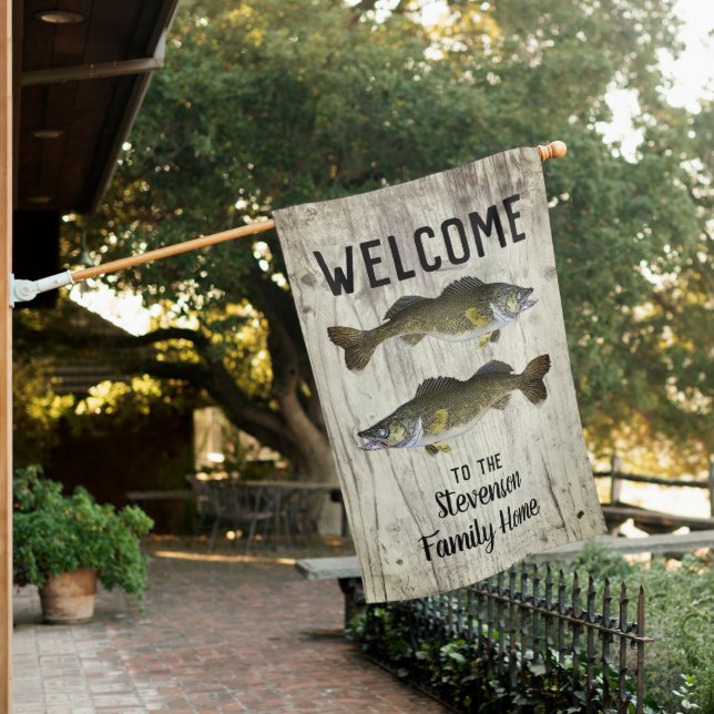 Welcome Walleye Fishing Rustic Family Name House Flag (In SItu)