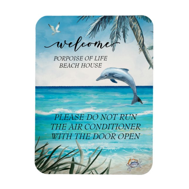 Welcome Watercolor Beach House Dolphin  Magnet (Vertical)