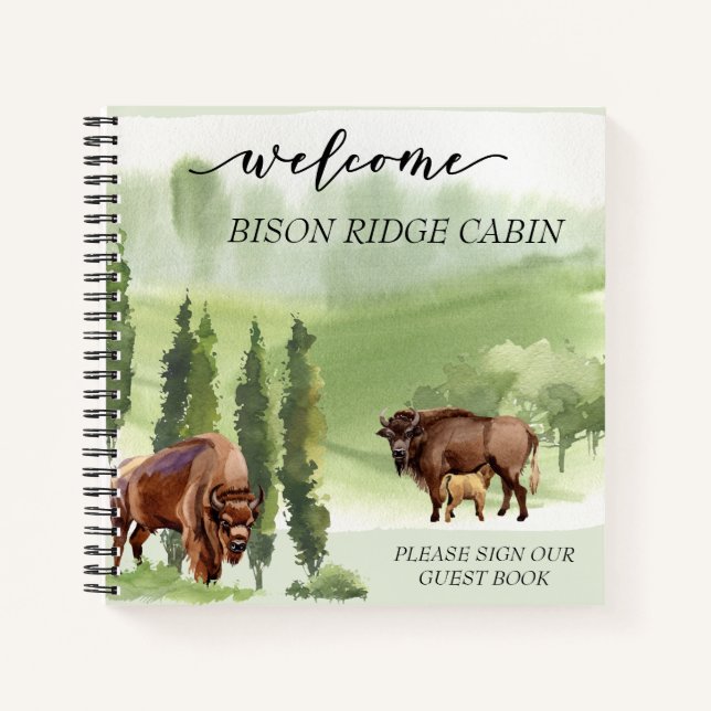 Welcome Watercolor Bison Cabin Home Rental Notebook (Front)