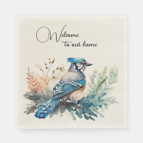 Welcome Watercolor Blue Jay Bird Napkins