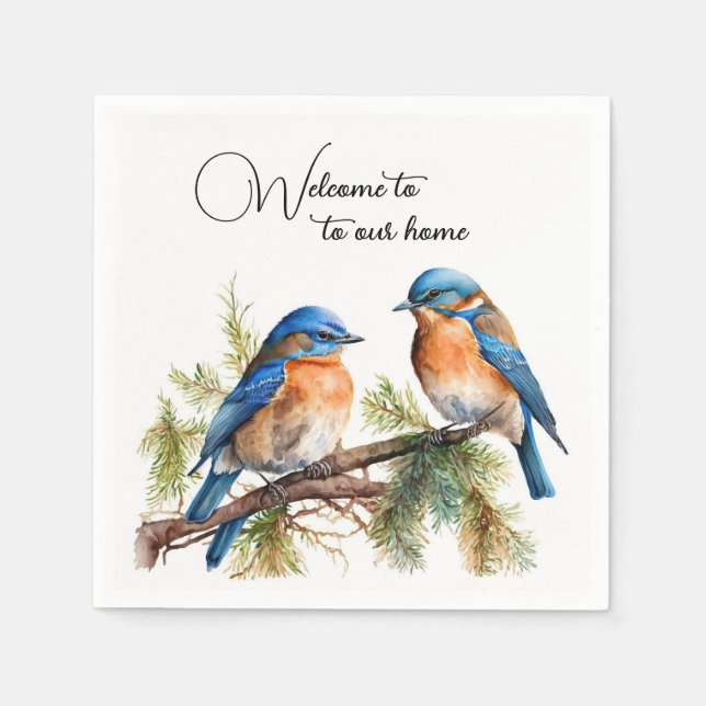 Welcome Watercolor Bluebirds on Pine Napkins (Front)