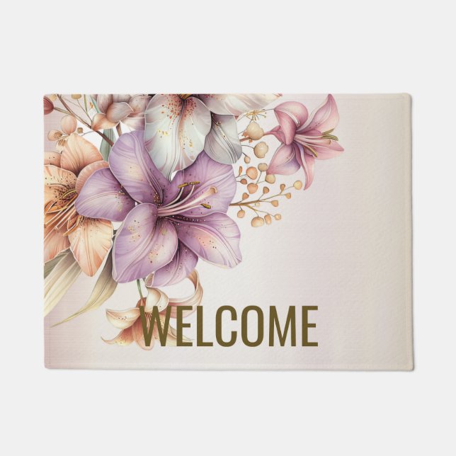 Welcome Watercolor Boho Pink Flowers Elegant Doormat (Front)