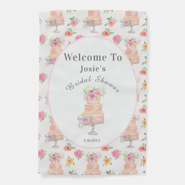 Welcome Watercolor Bridal Shower Layer Rose Cake  Garden Flag (Front)