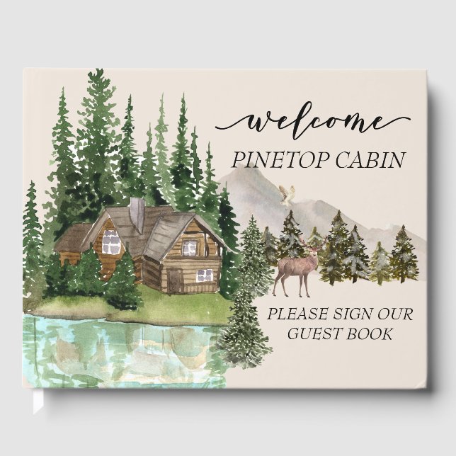Welcome Watercolor Cabin Lake Home Rental Guest Book (Front)