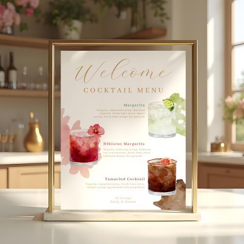 Welcome Watercolor Cocktails Wedding Drink Menu Poster