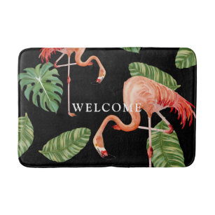 Welcome Watercolor Flamingo w Tropical Leaves Bathroom Mat