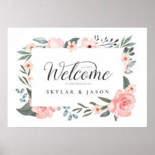 Welcome Watercolor Floral Rose & Foliage Frame Poster