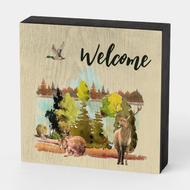 welcome watercolor forest animals Wood Box Sign (Angled Horizontal)