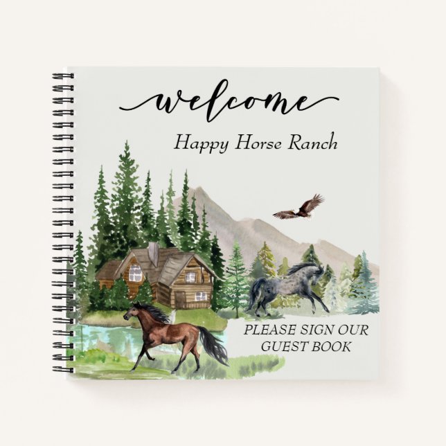 Welcome Watercolor Forest Cabin Horse  Notebook (Front)