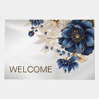 Welcome Watercolor Navy Blue White Golden Floral Doormat