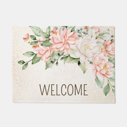 Welcome Watercolor Peach White Flowers Elegant Doormat