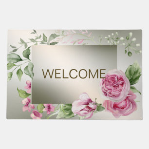 Welcome Watercolor Pink Floral Frame Shiny Bronze Doormat