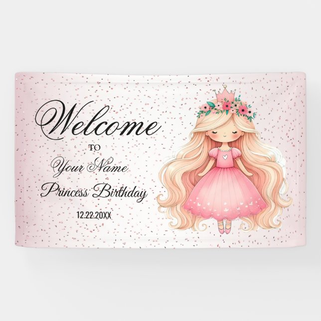 Welcome Watercolor Pink Princess Birthday Party Banner (Horizontal)