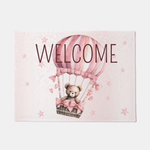 Welcome Watercolor Pink Teddy Bear Hot Air Balloon Doormat
