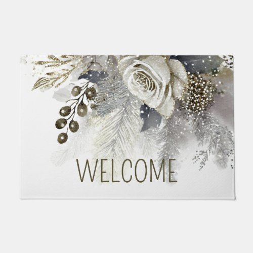 Welcome Watercolor Silver Golden White Rose Flower Doormat