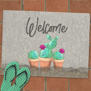 WELCOME Watercolor Southwest Flowering Cactus Doormat