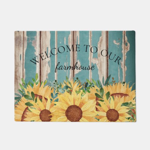 Welcome Watercolor  Sunflower and Rustic Wood  Doormat