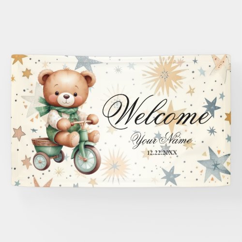 Welcome Watercolor Teddy Bear Green Bike Party Banner
