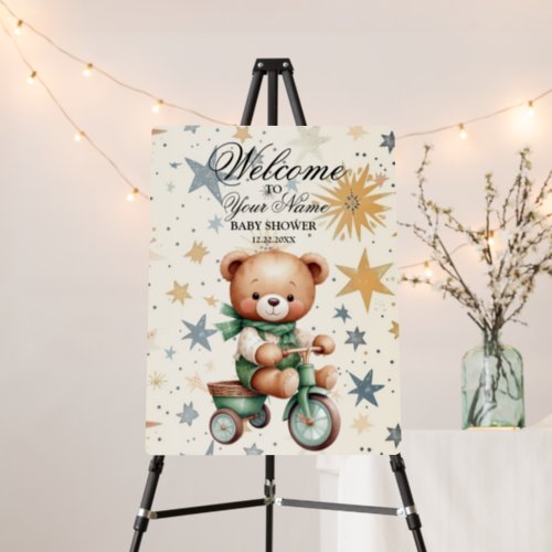 Welcome Watercolor Teddy Bear Stars Green Bike Foam Board