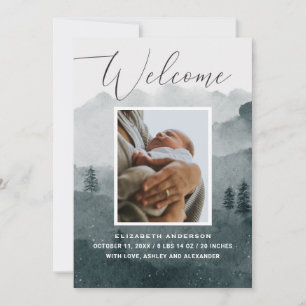 Welcome. Watercolor woodland winter baby birth Announcement