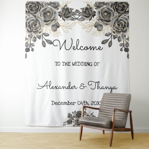 Welcome Wedding Black  Golden Roses Tapestry