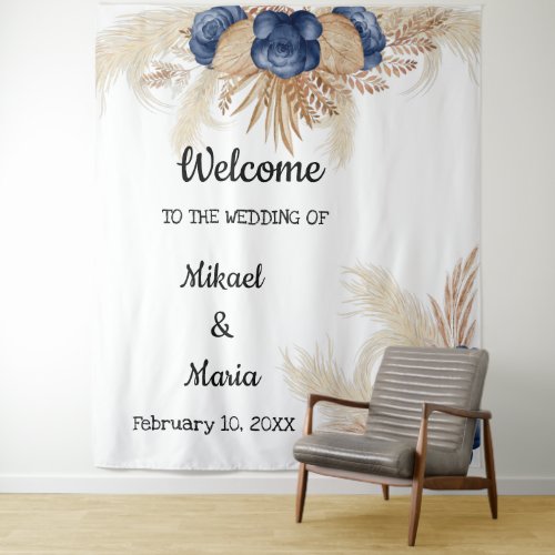 Welcome Wedding Blue Flowers and Pampas Tapestry