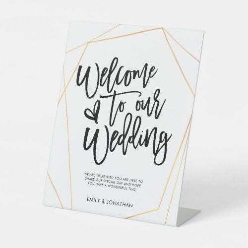 Welcome Wedding Calligraphy Gold Geometric Pedestal Sign