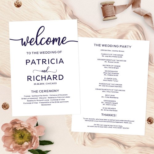 Welcome Wedding Ceremony Program Chic Navy Blue