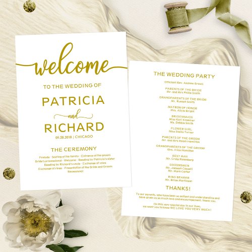 Welcome Wedding Ceremony Program Gold Calligraphy