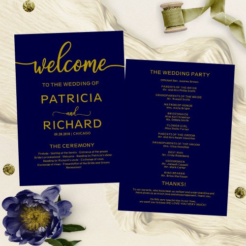 Welcome Wedding Ceremony Program Gold Navy Blue