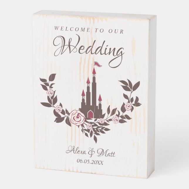 Welcome Wedding Cinderella Fairytale Castle Floral Wooden Box Sign (Angled Vertical)