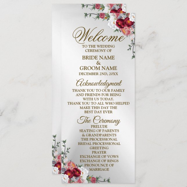 Welcome Wedding Colorful Red White Floral Silver Program (Front/Back)