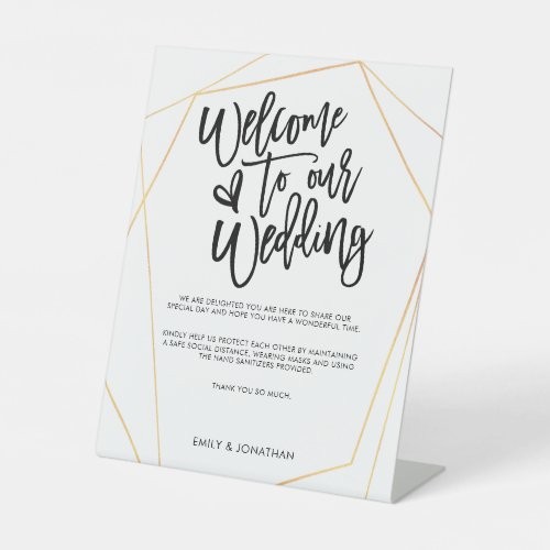 Welcome Wedding COVID Safety Script Gold Geometric Pedestal Sign