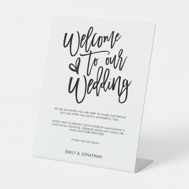 Welcome Wedding COVID Safety Stylish Black Script Pedestal Sign (Front)
