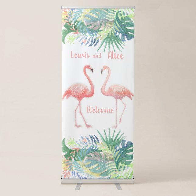 Welcome Wedding Day Tropical Pink Flamingo Design Retractable Banner (Front)