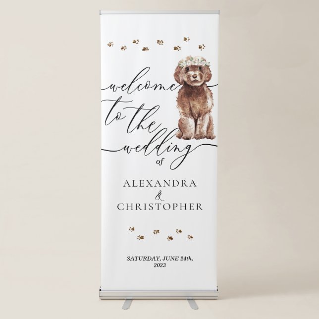 Welcome Wedding Decor Drink Brown Cavapoo Dog Retractable Banner (Front)